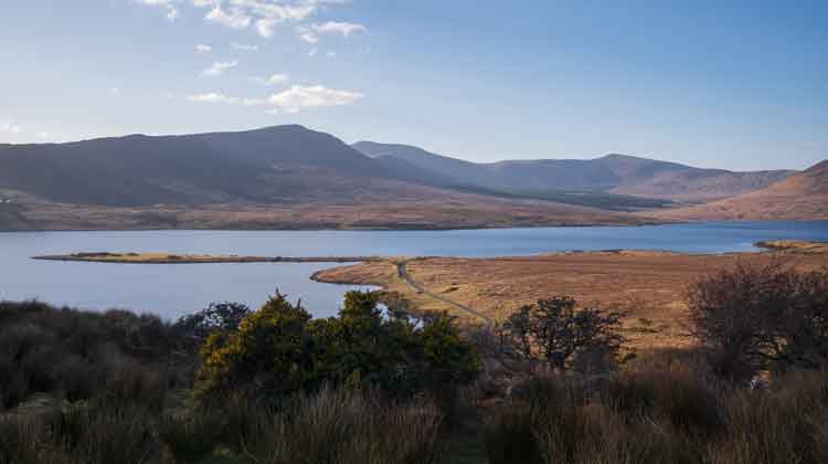 Looking towards Ben Gorm from the High Road under Buckagh Mountain with the promontory known as Diarmuid and Grainne's bed, jutting out into Lough Feeagh. Photo: Anthony Hickey 