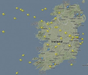  A Flightradar24 screenshot of the busy skies over County Mayo showing aircraft heading out into the North Atlantic on their way to North America, flying between the altitudes of 28,500 and 42,000 feet. 