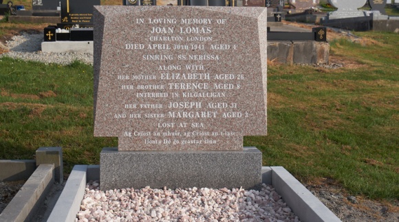 Joan Lomas (4) grave in Geesala graveyard, County Mayo. The memorial headstone remembers Joan and her family who died in the sinking of the SS Nerissa by a German U-boat off County Donegal on April 30, 1941. Photo: Anthony Hickey
